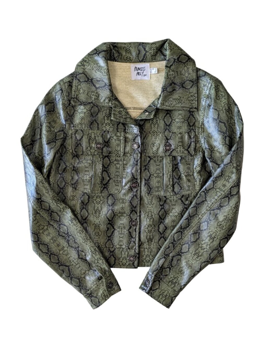 Princess Polly Green Snake Print Faux Leather Cropped Jacket Size US 2